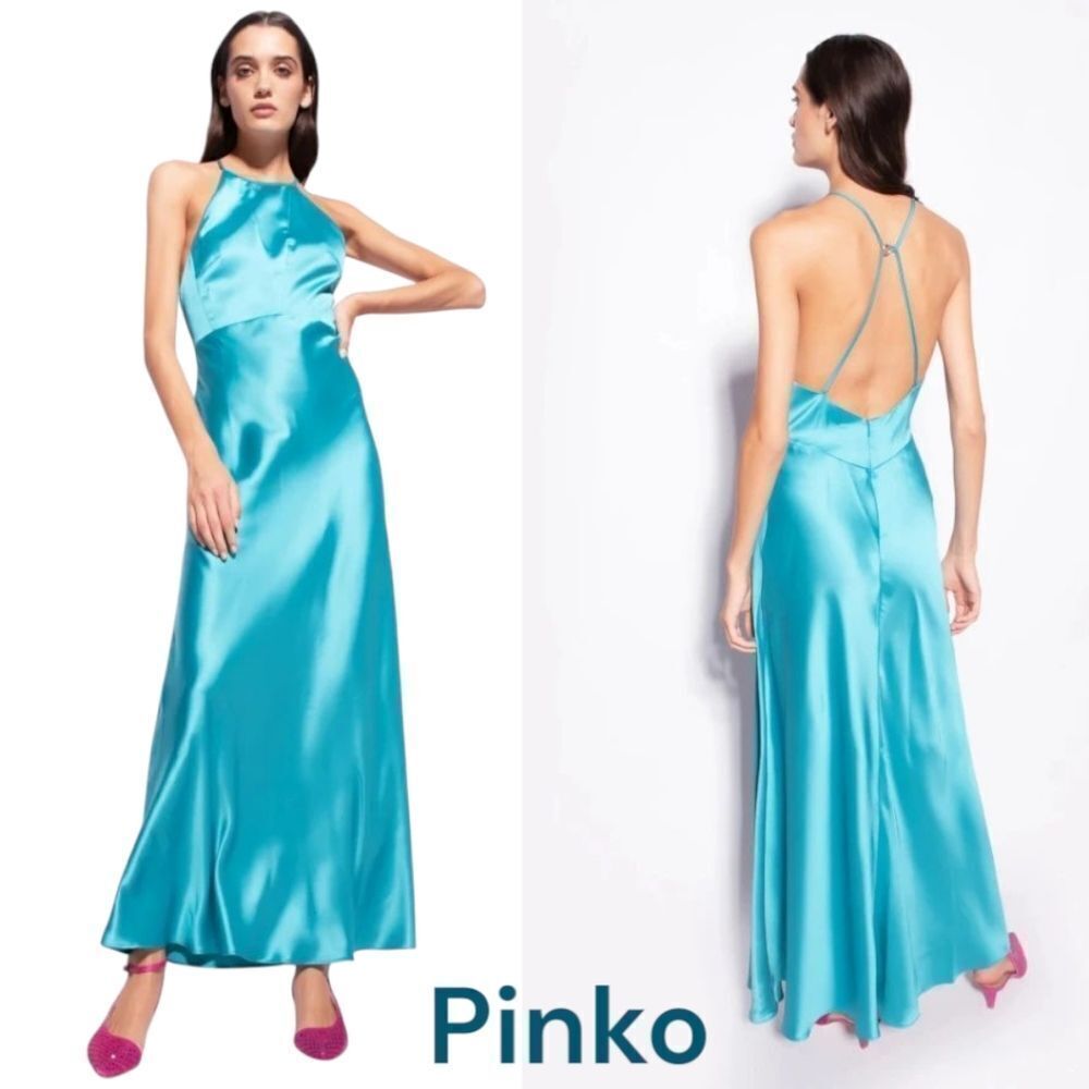 Anthropology Pinko Turquoise Blue High Neck Satin Slip Dress Medium It42/Us6